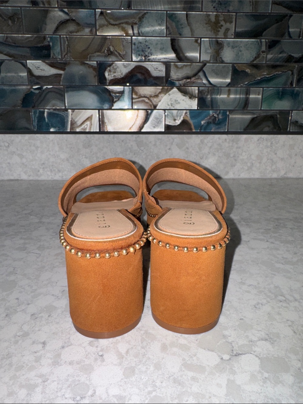 Gianni Bini Cognac Suede Platform Studded Mules - Picture 4 of 6